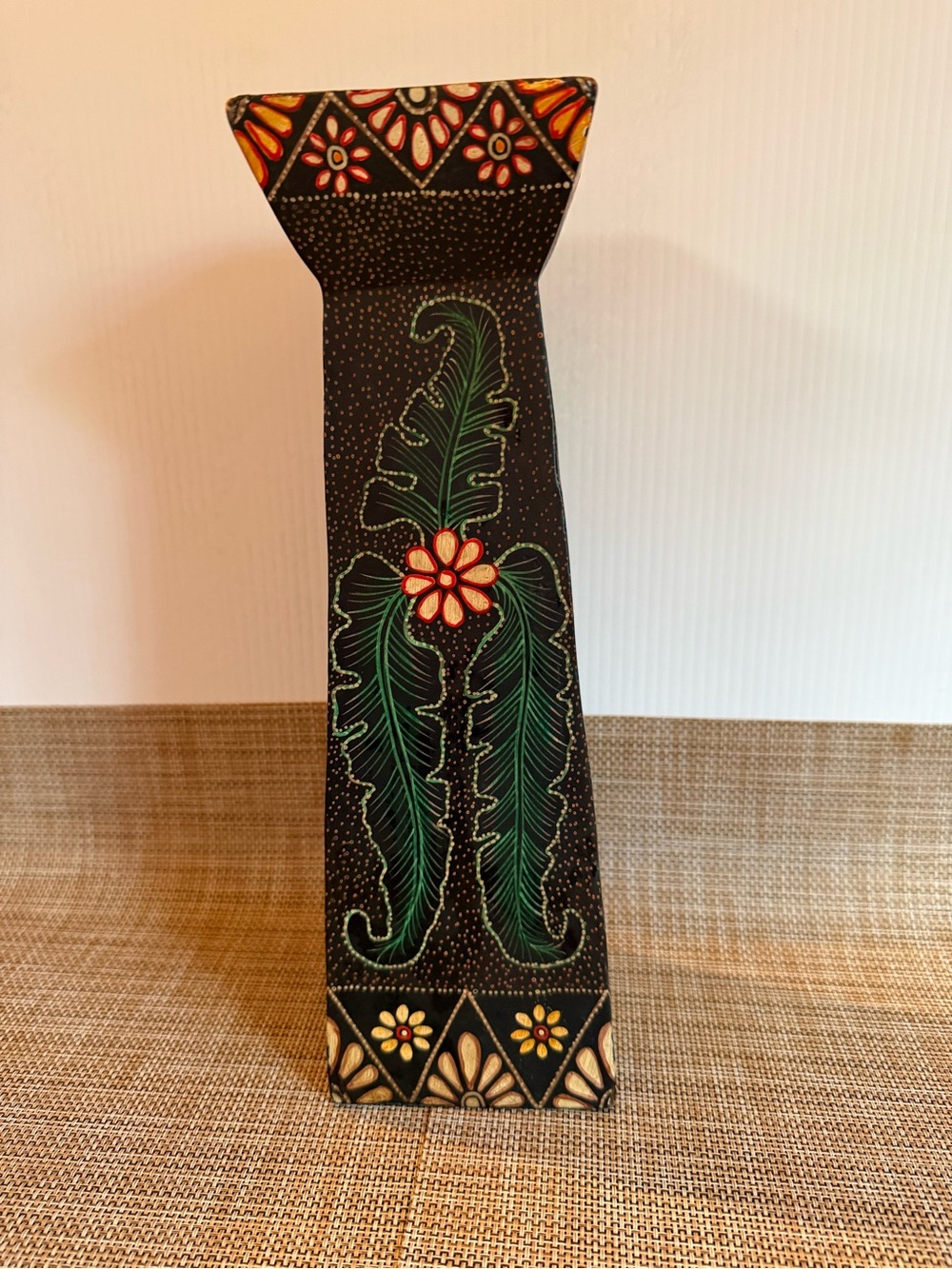 Hand-Painted Black Decorative Candleholder with Green Leaves & Orange Flower